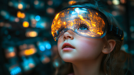 A girl wearing VR glasses interacts with a holographic globe. Generative Ai.