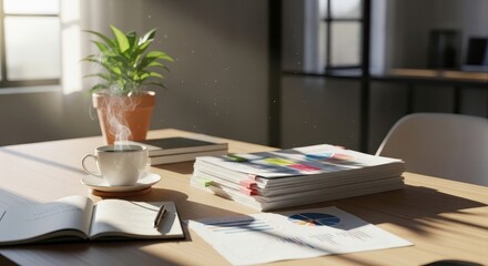 Fototapeta premium Sunlit Office Desk Coffee, Documents, and Plant in Warm Light - Inspiring Workspace and Financial Focus for Productivity