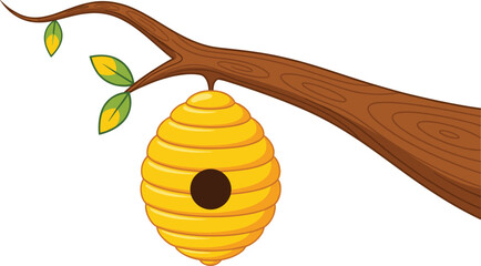 Cartoon illustration of yellow beehive hanging on tree branch with green leaves, honeycomb nest design for nature, insect and wildlife concept © Shahariar's World