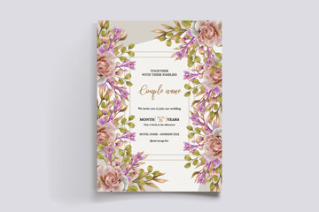 WEDDING INVITATION FRAME WITH FLOWER DECORATIONS AND FRESH LEAVES