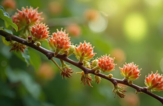 Close up shot shows Tetradium daniellii seeds on twig. Red seed pods are clusterd. Backgound is blurred green and yellow. Blossoming twig. Bokeh backdrop. Beautiful garden plant.