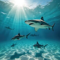 Group of sharks swimming in clear blue ocean water with sun rays shining from above. Several sharks of different sizes visible. Close to sandy ocean floor. Others away. Water calm, transparent with