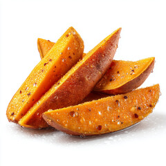 A close up of several wedges of sweet potato with water droplets on a white background surface