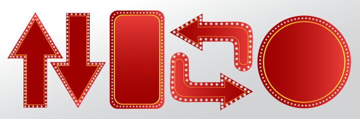 Red neon light arrow and frame set, glowing Christmas and New Year sale sign shapes, bright retro marquee border, festive advertisement light banner elements, vector illustration design © Vijay Pareek