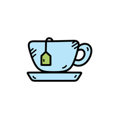 Isolated Blue Tea Cup and Saucer with Green Tea Bag on Transparent Background Flat Line Design Illustration