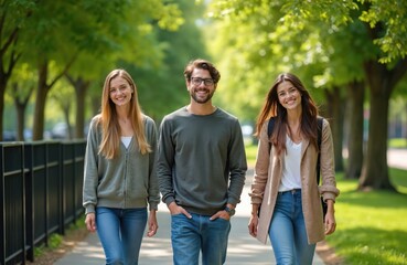 Three smiling young students walk together on a sunny day on a tree lined path. They wear casual clothes and appear happy enjoying time outdoors on campus.