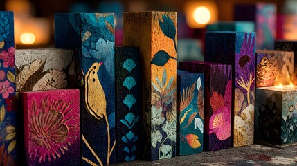Assorted decorative candles with colorful floral and bird designs are arranged in a warm, candlelit setting that adds a touch of elegance to the presentation.
