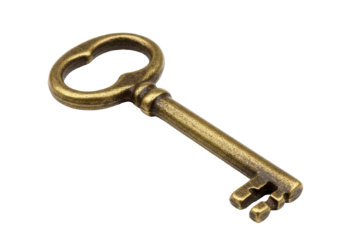 Antique brass key isolated PNG, vintage skeleton key for lock and security on transparent background