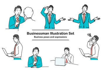 オフィスやリモート環境で働くスーツ姿の男性が、パソコン作業や会話、悩む様子など多様なポーズを見せるイラストセット｜プレゼン資料やビジネスシーンのデザインに使いやすいベクター素材で、感情表現や職場の雰囲気を伝えるイメージに最適
