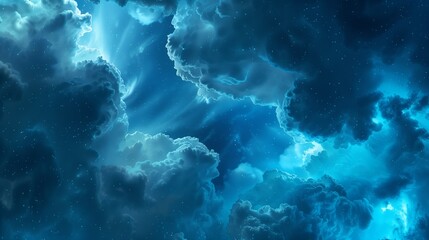 Ethereal blue glowing cloudscape at night, dreamy surreal sky, magical luminous background.