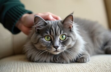 Fluffy grey cat with big green eyes rests on a beige sofa. A human hand gently strokes the animal head indoors. The pet looks calm and content.