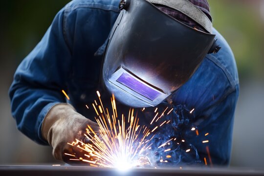Industrial worker welding metal and producing sparks in workshop - Powered by Adobe