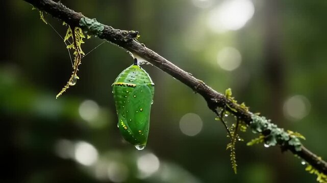 Green chrysalis hanging from a branch with dew drops in a lush forest background, symbolizing transformation