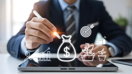 Businessman using stylus on tablet with financial growth and investment icons overlay