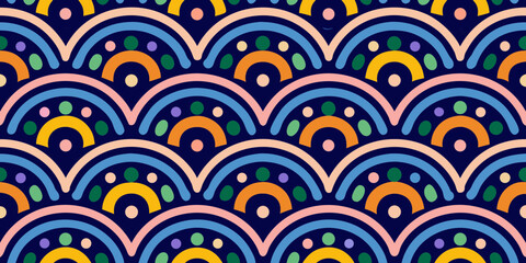 Colorful abstract geometric pattern with repeating arches and dots on a dark blue background