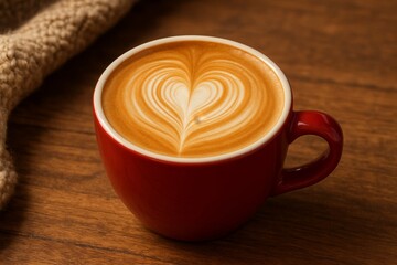Warm cup of latte with heart-shaped foam art in a red mug on wooden table, perfect for cozy and romantic themes.
