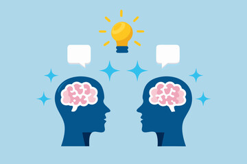 Two human head profiles facing each other with brains inside and a glowing lightbulb above representing a shared idea or inspiration