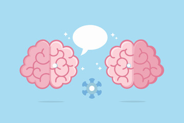 Two halves of pink brains communicating with a speech bubble and a blue virus symbol