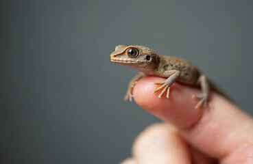 Obraz premium Small gecko rests on human finger. Tiny reptile with detailed skin texture and big eyes looks curious. Close macro shot captures interaction with nature.