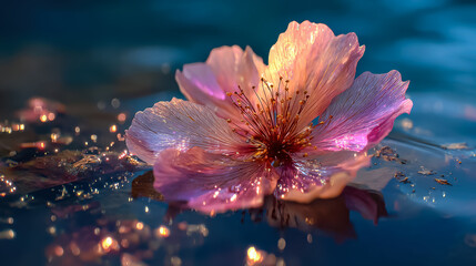 Pink flower floating on water illuminated by golden sunlight
