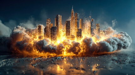 Fototapeta premium Futuristic city exploding with golden light and smoke clouds rising dramatically