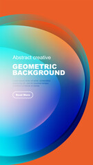 Abstract geometric background features vibrant color gradients. Text overlay includes sample content, button for more information.