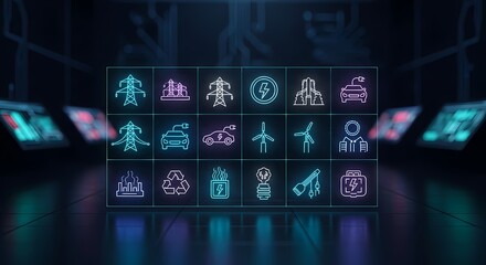 Explore sustainable energy solutions and electric vehicle technology with this vibrant collection of neon style icons promoting environmental responsibility and innovation