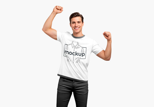 Man Celebrating Success in T-Shirt Mockup