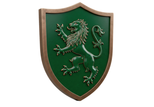 Green heraldic shield with lion rampant isolated PNG, medieval coat of arms on transparent background