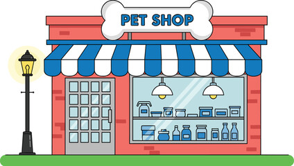 Cartoon pet shop building exterior with blue awning, street lamp, glass window display, animal supplies store, veterinary products, pet accessories illustration