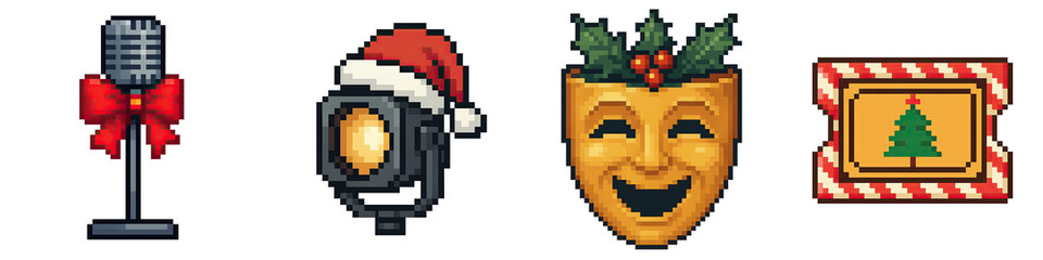 Fototapeta premium Christmas pixel art icons show lifestyle hobbies with microphone, spotlight, festive mask, and holiday frame in retro style