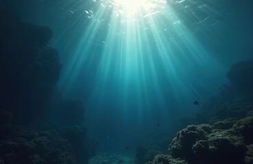Obraz premium Underwater view of deep blue ocean with bright sunbeams breaking through water surface. Light illuminates coral reefs, rocky formations on seabed. Small fish swim in dark calm water. Tranquil scene