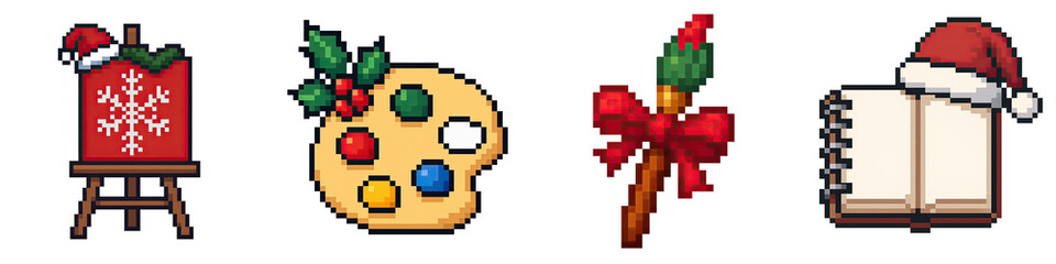 Fototapeta premium Christmas pixel art lifestyle hobbies with festive paint palette easel brush and notebook in holiday spirit