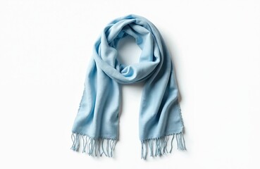 Light blue scarf with tassels on white background. Soft blue shawl with long fringes. Fashionable accessory for winter and autumn. Elegant and cozy textile for clothing.