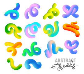 Obraz premium Convex swirls with neon color gradients. Abstract 3D curved, spiral and wave geometric shapes. Bright design elements for posters and banners backgrounds. Wavy color ribbons. Vector illustration