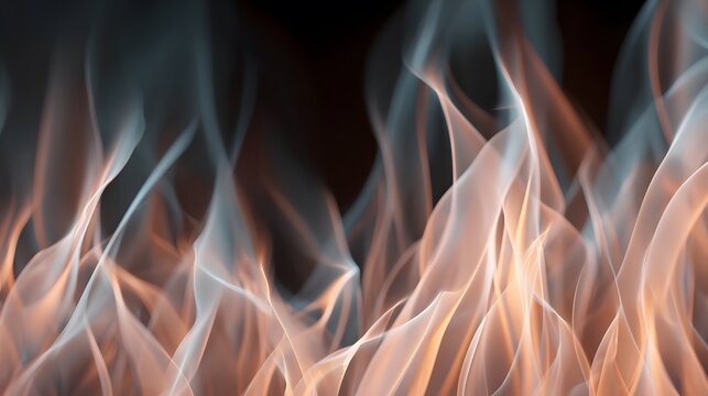 Intricate, flowing wisps of light in delicate shades of orange, white, and blue dance across a deep black background, creating a mesmerizing and abstract visual display reminiscent of ethereal flames