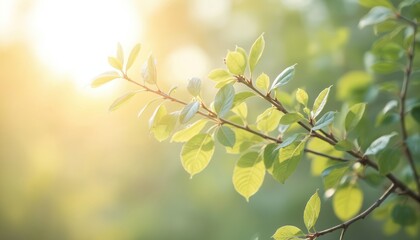 Soft sunlight filters through green leaves and branches. Gentle nature scene with pastel hues creates a tranquil and serene atmosphere. Blurred background adds depth.