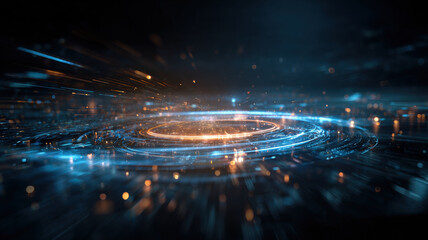 Futuristic Cryptocurrency Blockchain Network Visualization with Glowing Digital Ring Over City Skyline at Dramatic Night Sky