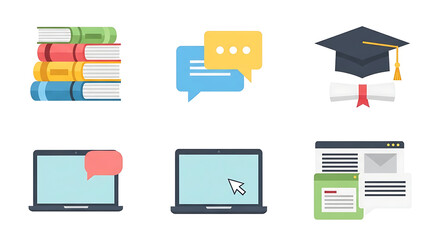 Comprehensive collection of digital education icons online learning, communication, and academic achievement