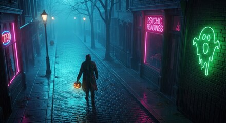 Eerie Halloween night scene featuring a figure with a pumpkin walking down a foggy street