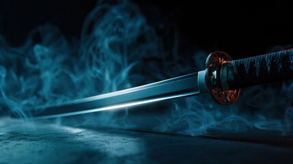 Traditional Japanese Samurai Katana Sword with Wrapped Handle on Dark Reflective Surface Surrounded by Dramatic Smoke