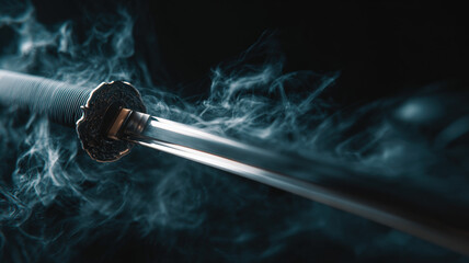 Dramatic Closeup of Traditional Japanese Samurai Katana Sword with Ornate Guard Wrapped Handle in Atmospheric Smoke