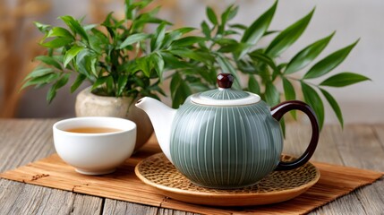 Teapot and teacup on wooden table with green plants