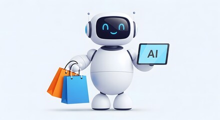 Artificial intelligence robot shopping online, holding bags and tablet with 'AI' text, representing smart commerce, technology and assistance