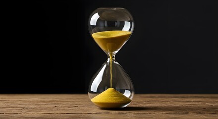 Crystal clear glass hourglass with golden sand flowing, on a wooden desk, time concept stock image.