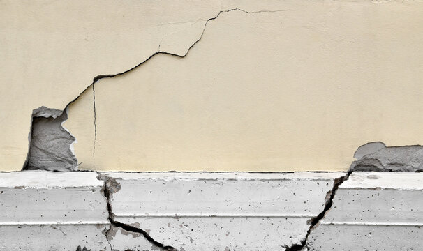 large crack on wall and foundation, earthquake causes building to damaged