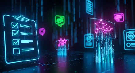 Boost your business with glowing digital icons for seamless project management and customer insights, perfect for dynamic presentations or modern website designs