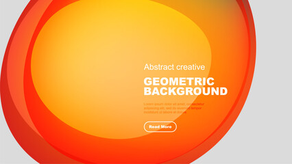 Abstract geometric background features vibrant orange hues, layered circles, text, button. Modern design, simple composition.