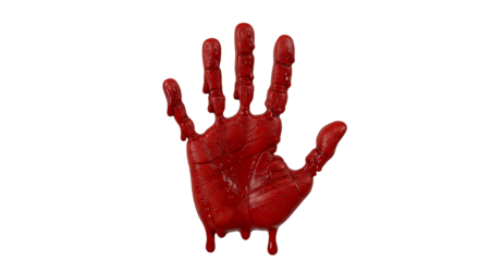 Red painted Hand with Dripping Liquid Against a Dark Striped Background