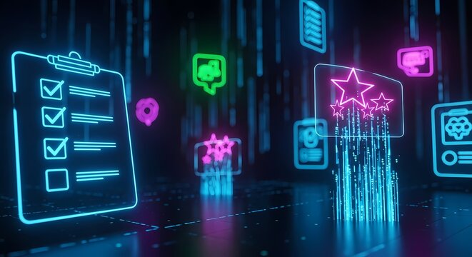 Boost your business with glowing digital icons for seamless project management and customer insights, perfect for dynamic presentations or modern website designs